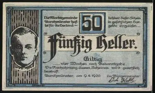 Notgeld Aurolzmünster 1920, 50 Heller, Bildnis Graf Arco, Schloss, Gutschein