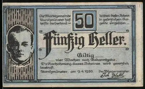 Notgeld Aurolzmünster 1920, 50 Heller, Bildnis Graf Arco, Schloss, Gutschein