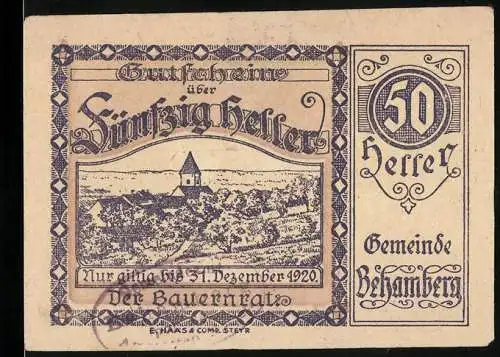Notgeld Behamberg 1920, 50 Heller, Ortsansicht mit Kirche, Gutschein