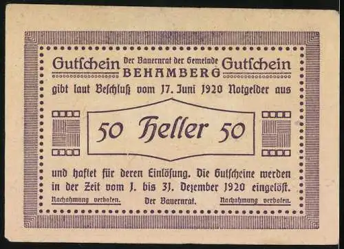 Notgeld Behamberg 1920, 50 Heller, Ortsansicht mit Kirche, Gutschein