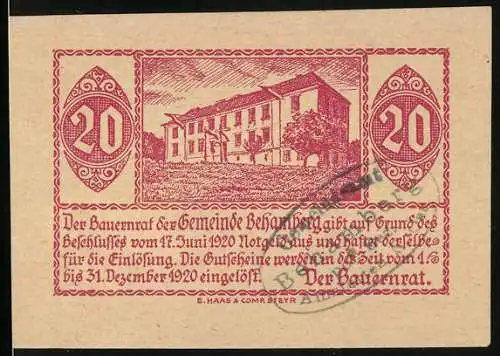 Notgeld Behamberg 1920, 20 Heller, Grosses Haus, Gutschein