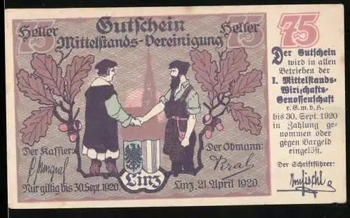 Notgeld Linz 1920, 75 Heller, Wappen, Zwei Männer reichen sich die Hände, Gutschein