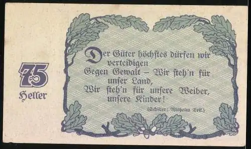 Notgeld Linz 1920, 75 Heller, Wappen, Zwei Männer reichen sich die Hände, Gutschein