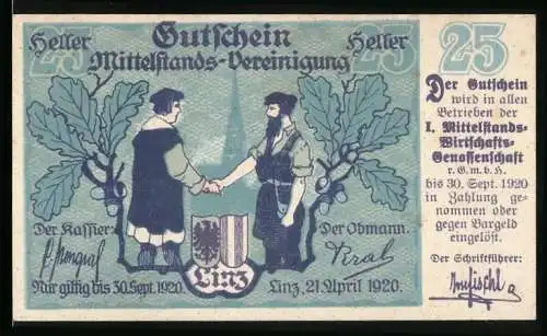 Notgeld Linz 1920, 25 Heller, Wappen, Zwei Männer reichen sich die Hände, Gutschein