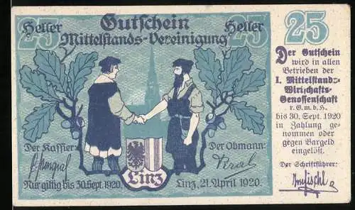 Notgeld Linz 1920, 25 Heller, Wappen, Zwei Männer reichen sich die Hände, Gutschein