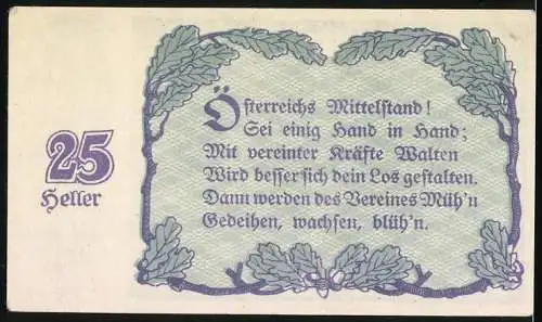 Notgeld Linz 1920, 25 Heller, Wappen, Zwei Männer reichen sich die Hände, Gutschein