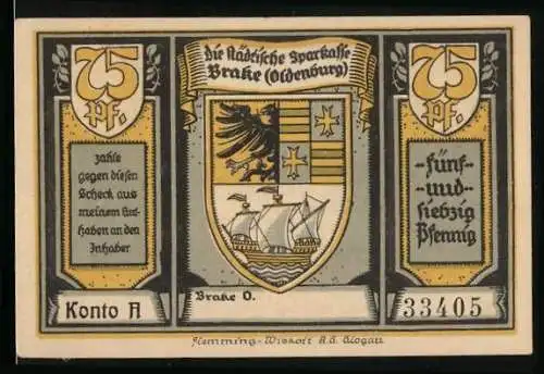 Notgeld Brake /Oldenburg, 75 Pfennig, Wappen, Flotte des Admiral Brommy vor Brake