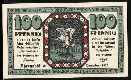 Notgeld Ahrensbök 1920, 100 Pfennig, Stadtansicht mit Windmühle