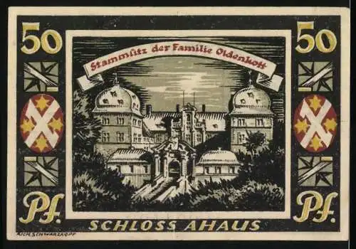 Notgeld Ahaus 1921, 50 Pfennig, Stammsitz der Familie Oldenkott, Wappen, Gutschein