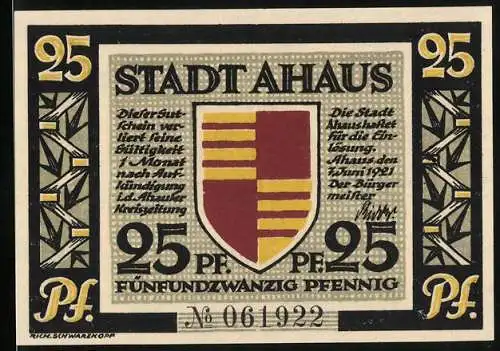 Notgeld Ahaus 1921, 25 Pfennig, Standbild des Prof. Dr. H. Landois De Smöker, Wappen, Gutschein