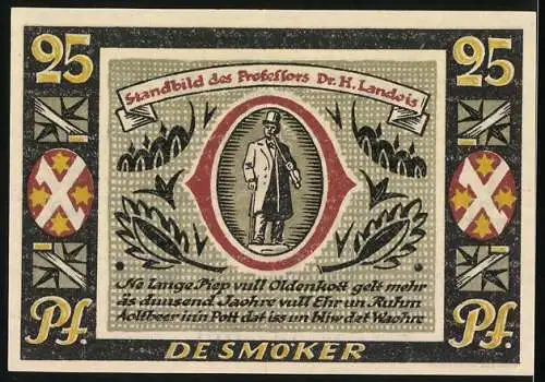 Notgeld Ahaus 1921, 25 Pfennig, Standbild des Prof. Dr. H. Landois De Smöker, Wappen, Gutschein