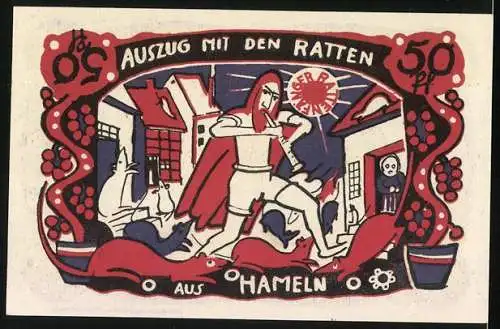 Notgeld Hameln 1922, 50 Pfennig, Auszug mit den Ratten aus Hameln, Gutschein