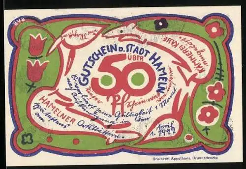 Notgeld Hameln 1922, 50 Pfennig, Fluch des Rattenfängers, Gutschein