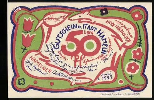 Notgeld Hameln 1922, 50 Pfennig, Rattenplage in Hameln, Gutschein