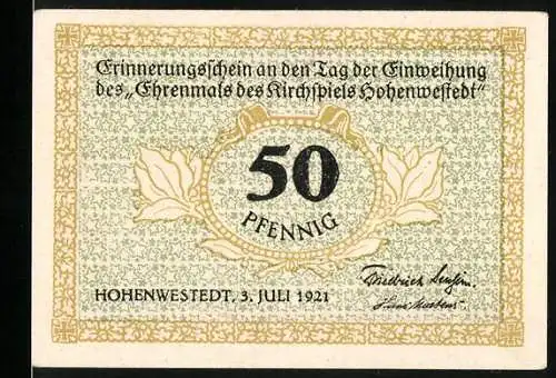 Notgeld Hohenwestedt 1921, 50 Pfennig, Tag der Einweihung des Ehrenmals des Kirchspiels Hohenwestedt