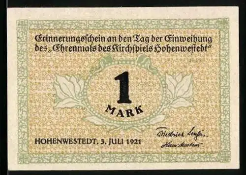 Notgeld Hohenwestedt 1921, 1 Mark, Tag der Einweihung des Ehrenmals des Kirchspiels Hohenwestedt