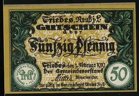 Notgeld Triebes 1919, 50 Pfennig, Steinbogen umrahmt von zwei Bäumen, Gutschein