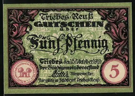 Notgeld Triebes 1919, 5 Pfennig, Steinbogen umrahmt von zwei Bäumen, Gutschein