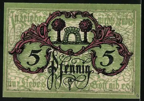 Notgeld Triebes 1919, 5 Pfennig, Steinbogen umrahmt von zwei Bäumen, Gutschein
