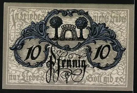 Notgeld Triebes 1919, 10 Pfennig, Steinbogen umrahmt von zwei Bäumen, Gutschein