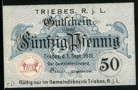 Notgeld Triebes 1918, 50 Pfennig, In Triebes nichts Trübes, Gutschein
