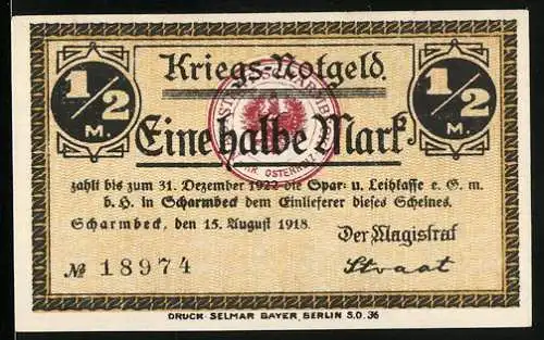 Notgeld Scharmbeck 1918, Eine halbe Mark, Wappen und Signatur