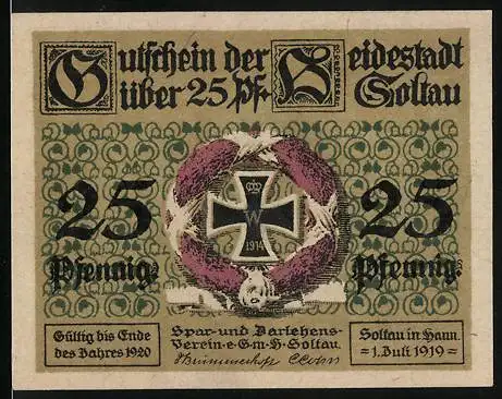 Notgeld Soltau i. H. 1919, 25 Pfennig, Bauernkate und Eisernes Kreuz, Gutschein