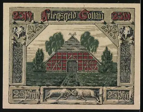 Notgeld Soltau i. H. 1919, 25 Pfennig, Bauernkate und Eisernes Kreuz, Gutschein