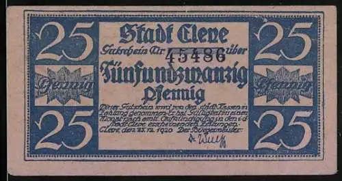Notgeld Cleve 1920, 25 Pfennig, Signatur, Gutschein