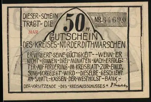 Notgeld Norderdithmarschen 1921, 50 Pfennig, Männer mit Lanzen vor Sternenhimmel, Gutschein