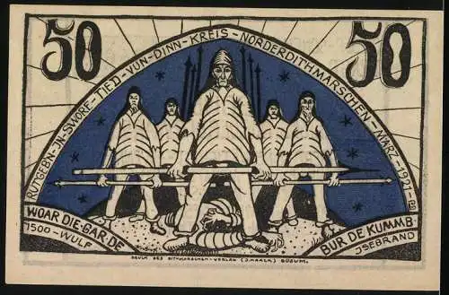 Notgeld Norderdithmarschen 1921, 50 Pfennig, Männer mit Lanzen vor Sternenhimmel, Gutschein
