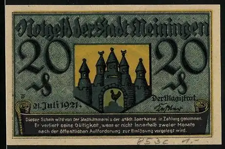 Notgeld Meiningen 1921, 20 Pfennig, Wappen, Signatur
