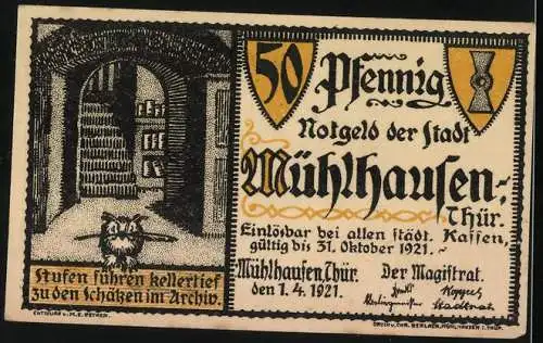 Notgeld Mühlhausen /Thür. 1921, 50 Pfennig, Stufen ins Archiv, Urkunde Karl V. im Archiv, Wappen