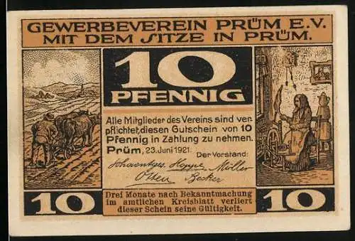 Notgeld Prüm 1921, 10 Pfennig, Markttag in Prüm, Bauer auf dem Feld, Frau am Spinnrad, Gutschein