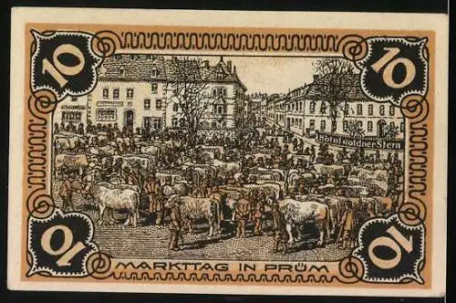 Notgeld Prüm 1921, 10 Pfennig, Markttag in Prüm, Bauer auf dem Feld, Frau am Spinnrad, Gutschein