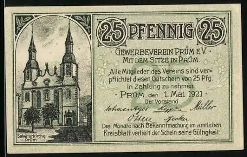 Notgeld Prüm 1921, 25 Pfennig, Dausfelder Schlucht, Salvatorkirche, Gutschein