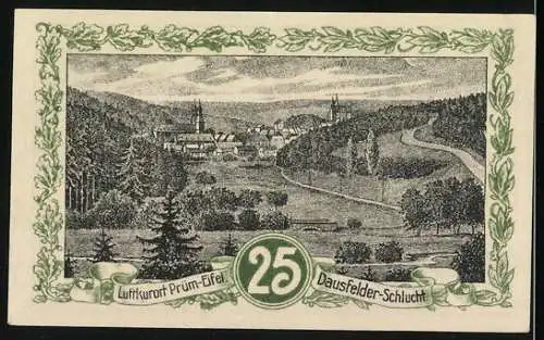 Notgeld Prüm 1921, 25 Pfennig, Dausfelder Schlucht, Salvatorkirche, Gutschein