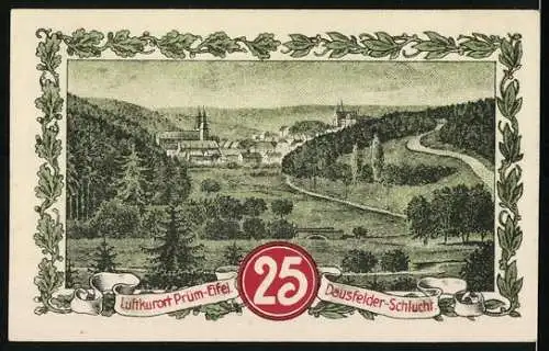 Notgeld Prüm 1921, 25 Pfennig, Dausfelder Schlucht, Salvatorkirche, Gutschein