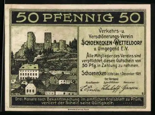 Notgeld Schoenecken-Wetteldorf 1921, 50 Pfennig, Eierlage am Ostermontag, Ortsansicht mit Burg, Gutschein