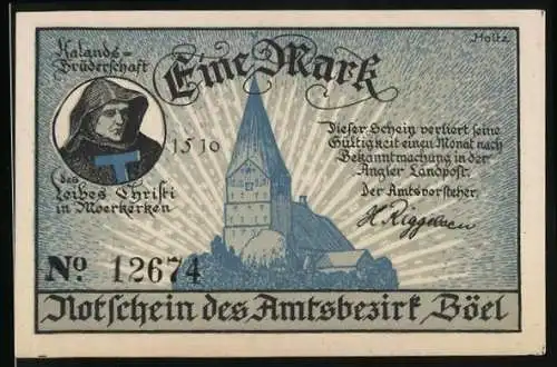 Notgeld Böel, 1 Mark, Volkshochschule und Kirche