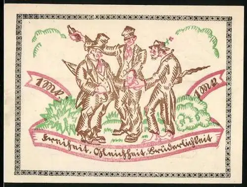 Notgeld Stöckheim 1920, 1 Mark, Drei Männer legen ihre Hände aufeinander