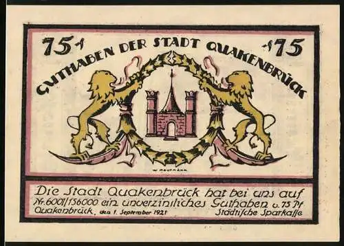 Notgeld Quakenbrück 1921, 75 Pfennig, Strassenpartie und Wappen