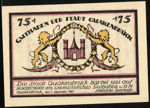 Notgeld Quakenbrück 1921, 75 Pfennig, Strassenpartie und Wappen