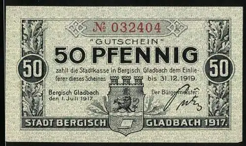 Notgeld Bergisch Gladbach 1919, 50 Pfennig, Wappen und Porträts mehrerer Herren, Gutschein
