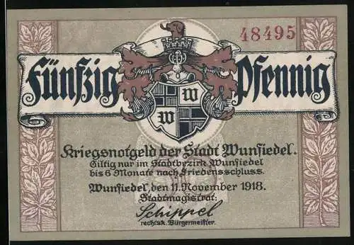 Notgeld Wunsiedel 1918, 50 Pfennig, Wappen und Ruine