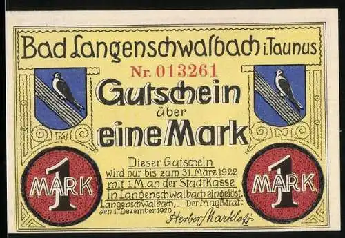 Notgeld Bad Langenschwalbach i. Taunus 1922, 1 Mark, Frau im Moorbad und Frau mit Kindern, Gutschein