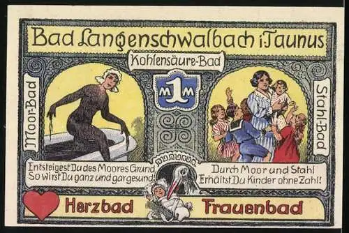 Notgeld Bad Langenschwalbach i. Taunus 1922, 1 Mark, Frau im Moorbad und Frau mit Kindern, Gutschein
