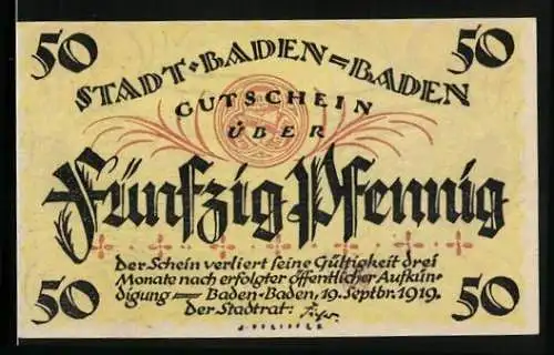 Notgeld Baden-Baden 1919, 50 Pfennig, Ortsansicht mit Kirche, Gutschein