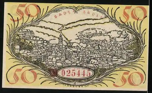 Notgeld Baden-Baden 1919, 50 Pfennig, Ortsansicht mit Kirche, Gutschein