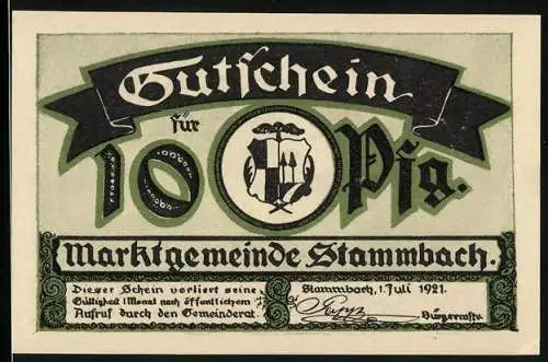 Notgeld Stammbach 1921, 10 Pfennig, Vereinshaus und Aussichtsturm, Wappen, Gutschein